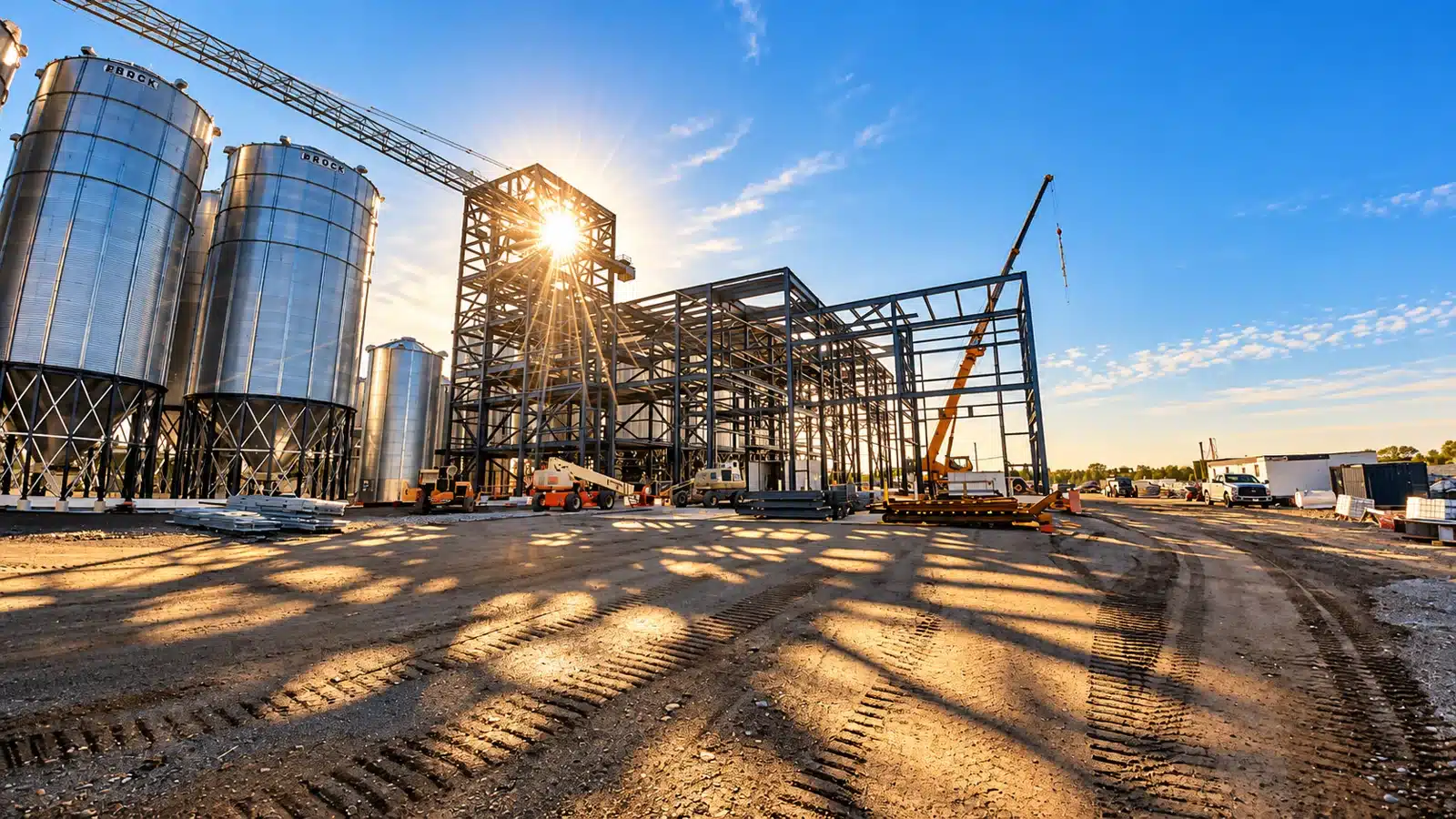 Chantier de Constructions M : charpente d’acier et silos en construction